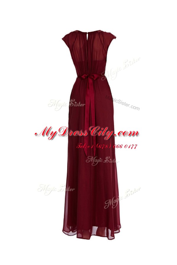 Scoop Floor Length Zipper Evening Dress Burgundy for Prom with Beading