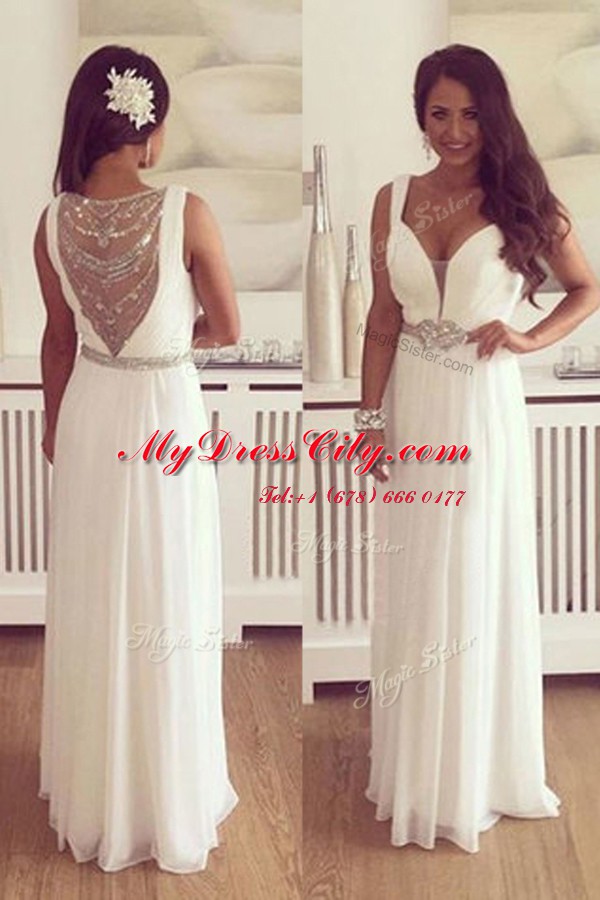 Captivating White Chiffon Zipper V-neck Sleeveless Floor Length Beading and Belt