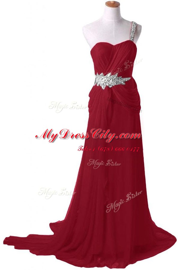 Dynamic One Shoulder Sleeveless Watteau Train Zipper With Train Beading Prom Gown