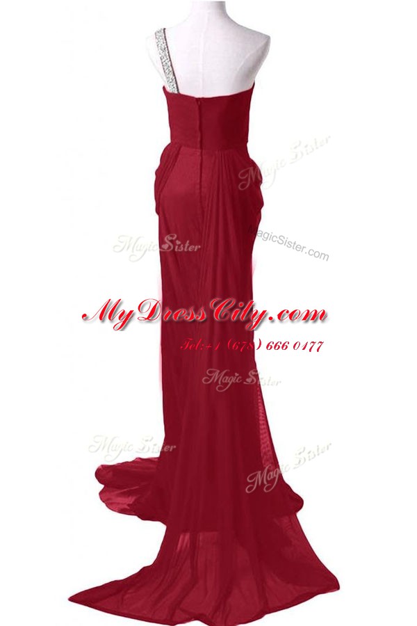 Dynamic One Shoulder Sleeveless Watteau Train Zipper With Train Beading Prom Gown