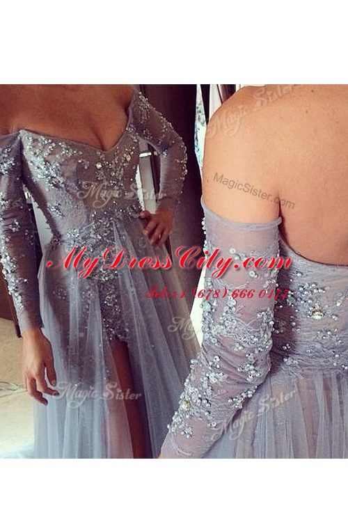 Customized Grey Organza Zipper Off The Shoulder Long Sleeves With Train Prom Evening Gown Sweep Train Beading and Ruching