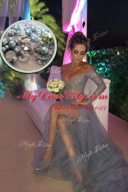 Customized Grey Organza Zipper Off The Shoulder Long Sleeves With Train Prom Evening Gown Sweep Train Beading and Ruching