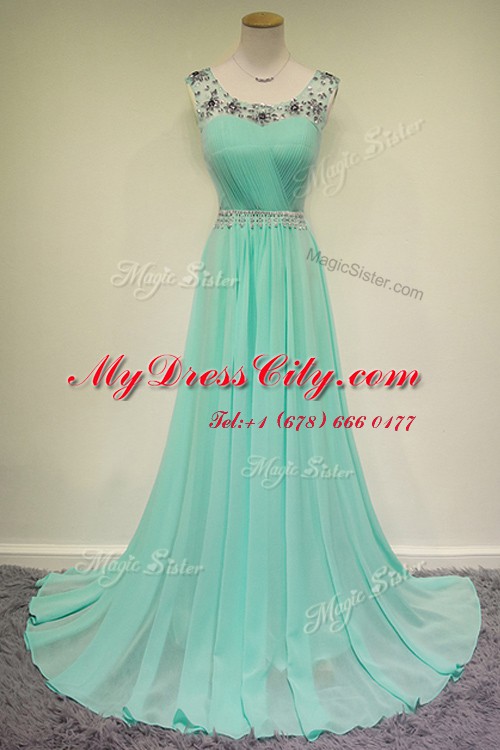 Customized Turquoise Prom Party Dress Prom and Party and For with Beading Scoop Sleeveless Brush Train Zipper