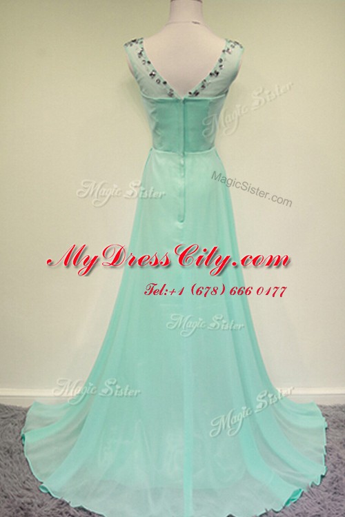 Customized Turquoise Prom Party Dress Prom and Party and For with Beading Scoop Sleeveless Brush Train Zipper