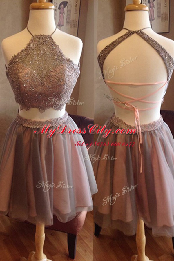 Fine Halter Top Sleeveless Knee Length Beading Criss Cross Prom Dresses with Grey