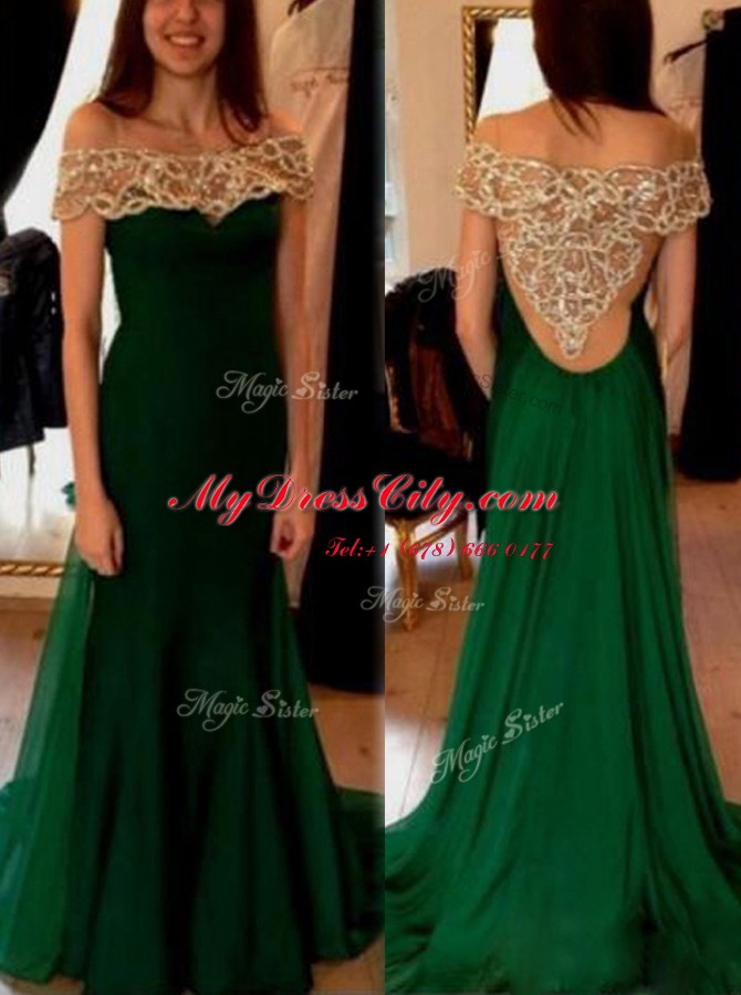 Elegant Dark Green Chiffon Side Zipper Off The Shoulder Short Sleeves Prom Gown Sweep Train Beading and Pleated