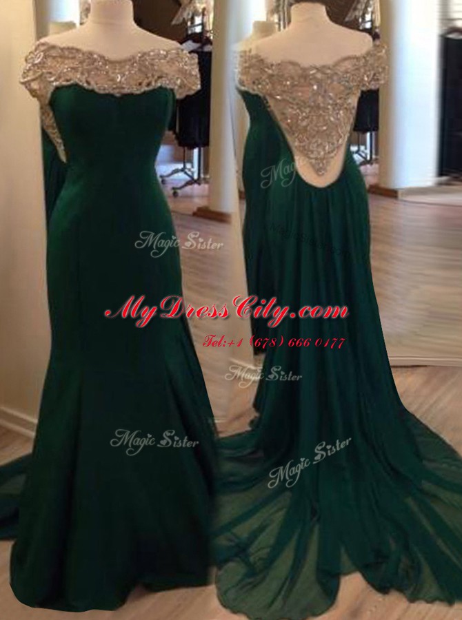 Elegant Dark Green Chiffon Side Zipper Off The Shoulder Short Sleeves Prom Gown Sweep Train Beading and Pleated