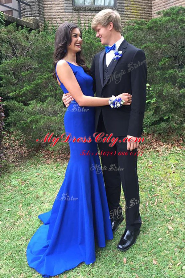 Elegant Mermaid Sleeveless Sweep Train Beading Backless Prom Dresses