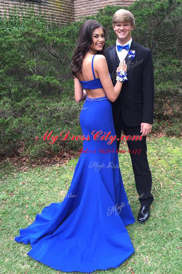 Elegant Mermaid Sleeveless Sweep Train Beading Backless Prom Dresses