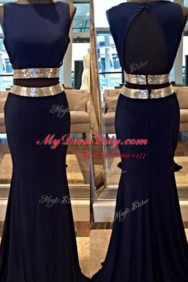 Lovely Mermaid Navy Blue Sleeveless Floor Length Sequins Backless Prom Party Dress