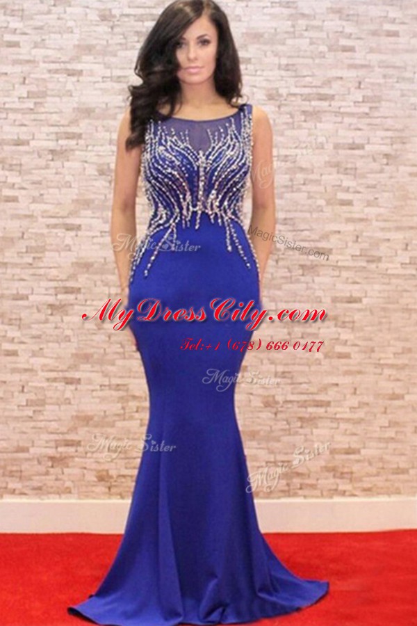 Elegant Mermaid Scoop Elastic Woven Satin Sleeveless Prom Party Dress Sweep Train and Beading and Appliques