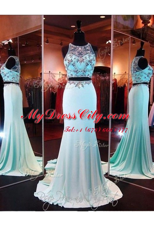 Traditional Scoop Beading and Appliques Prom Gown Baby Blue Zipper Sleeveless With Brush Train