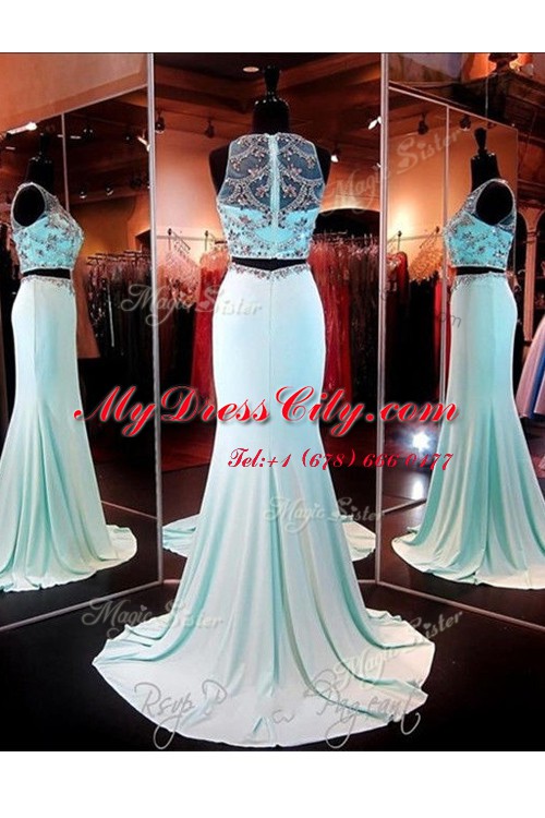 Traditional Scoop Beading and Appliques Prom Gown Baby Blue Zipper Sleeveless With Brush Train