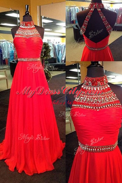 Halter Top Floor Length Column/Sheath Sleeveless Red Homecoming Dress Backless