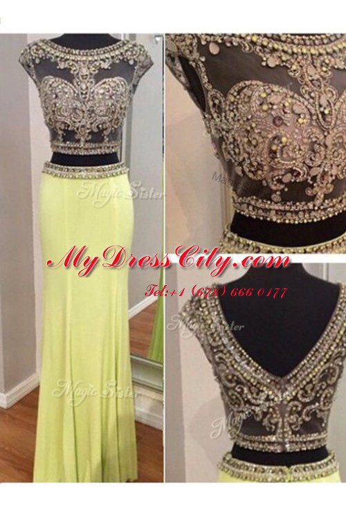 High End Yellow Green Scoop Zipper Beading Prom Gown Sleeveless