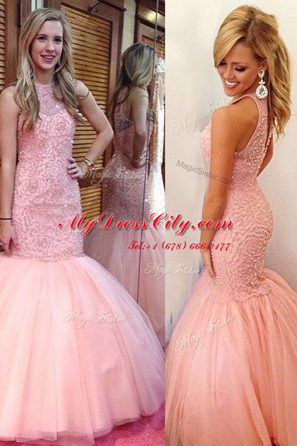 Mermaid Pink Backless Scoop Lace Prom Gown Tulle Sleeveless