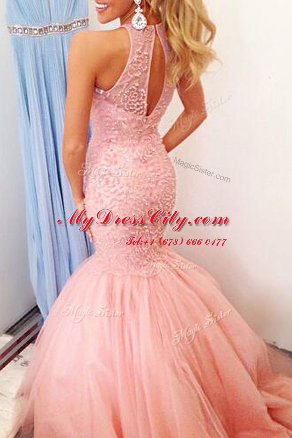 Mermaid Pink Backless Scoop Lace Prom Gown Tulle Sleeveless