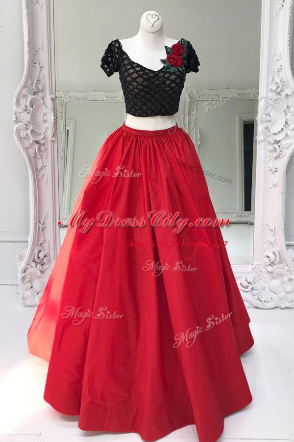 Red Two Pieces Organza V-neck Short Sleeves Beading and Ruffles Floor Length Zipper Homecoming Dress