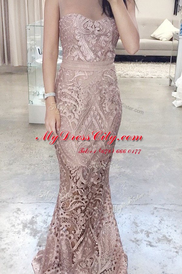 Graceful Mermaid Scoop Floor Length Pink Evening Dress Lace Sleeveless Lace