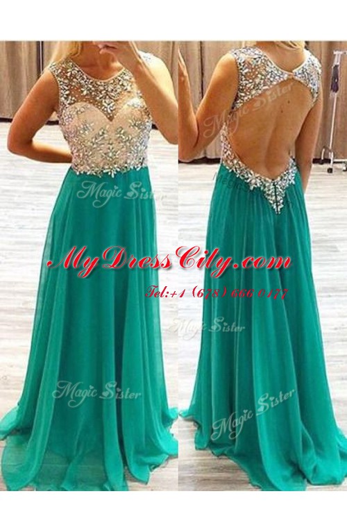 Romantic Scoop Sleeveless Chiffon Floor Length Backless Evening Dress in Green with Beading