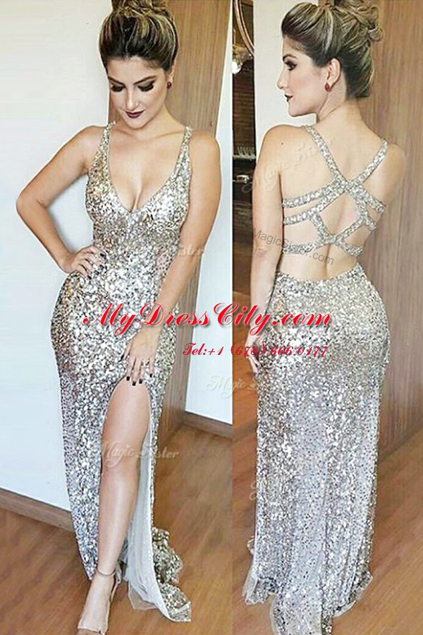 Silver Mermaid Sequins Evening Dress Backless Sequined Sleeveless Floor Length