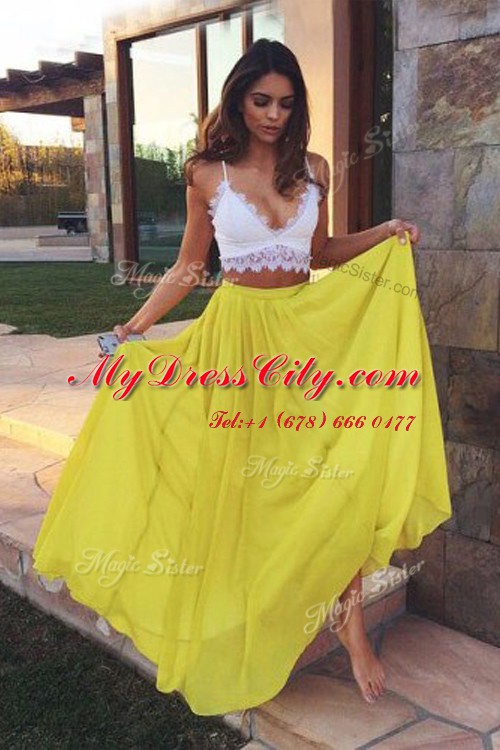 Yellow Chiffon Zipper Sleeveless Floor Length Ruching