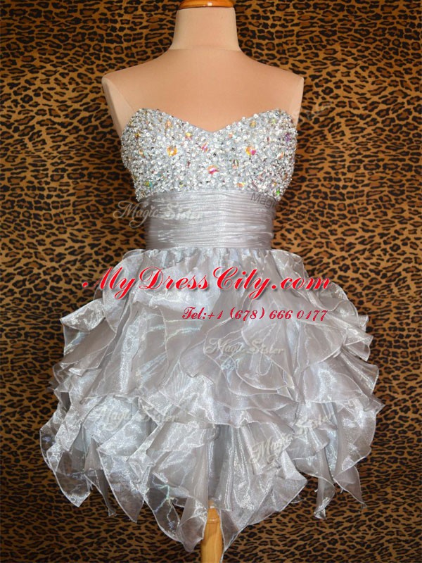 Grey A-line Organza Sweetheart Sleeveless Beading and Ruffles Mini Length Lace Up Homecoming Dress