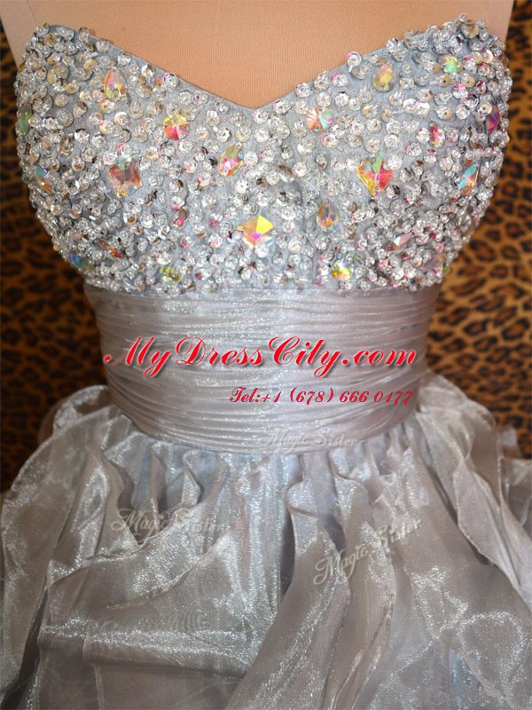 Grey A-line Organza Sweetheart Sleeveless Beading and Ruffles Mini Length Lace Up Homecoming Dress