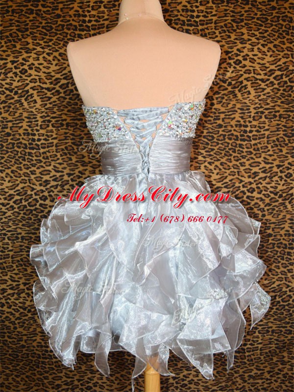 Grey A-line Organza Sweetheart Sleeveless Beading and Ruffles Mini Length Lace Up Homecoming Dress