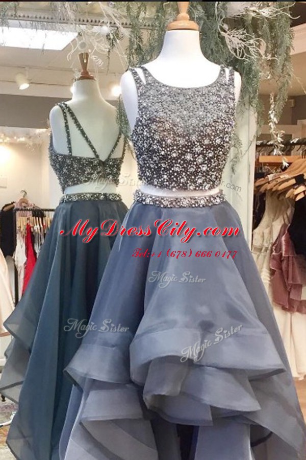 Grey Scoop Neckline Beading Homecoming Dresses Sleeveless Zipper