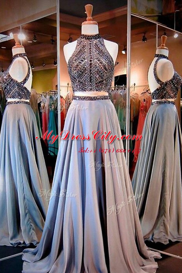 Lavender Backless High-neck Beading Prom Party Dress Chiffon Sleeveless