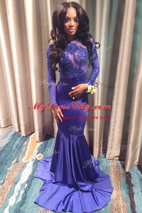 Purple Mermaid Lace Prom Dresses Backless Elastic Woven Satin Long Sleeves With Train