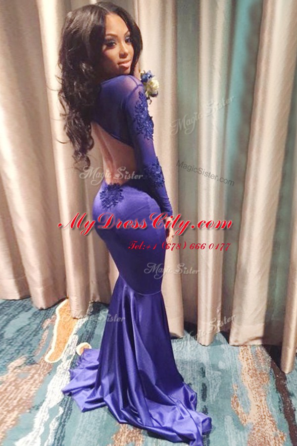 Purple Mermaid Lace Prom Dresses Backless Elastic Woven Satin Long Sleeves With Train