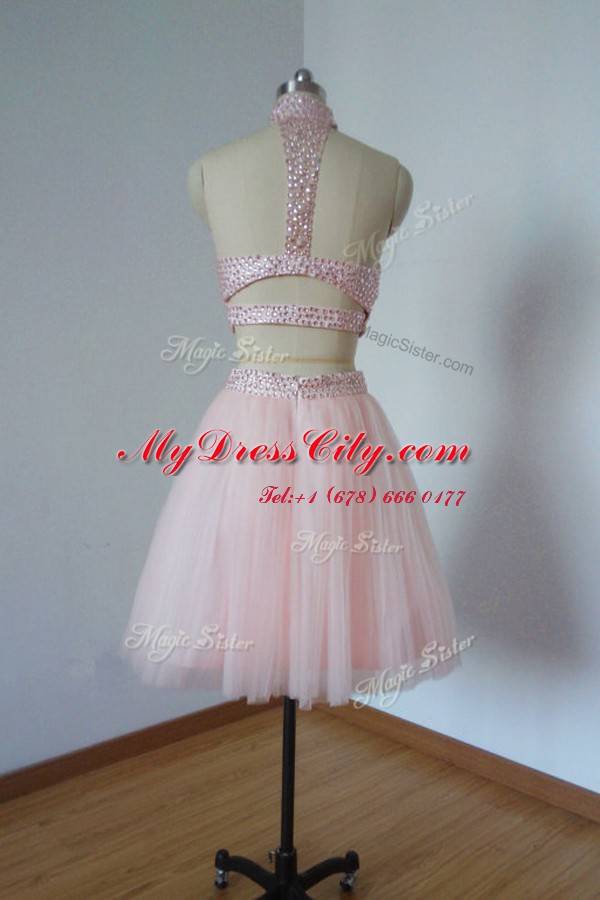 Amazing Organza High-neck Sleeveless Criss Cross Beading Evening Dress in Baby Pink