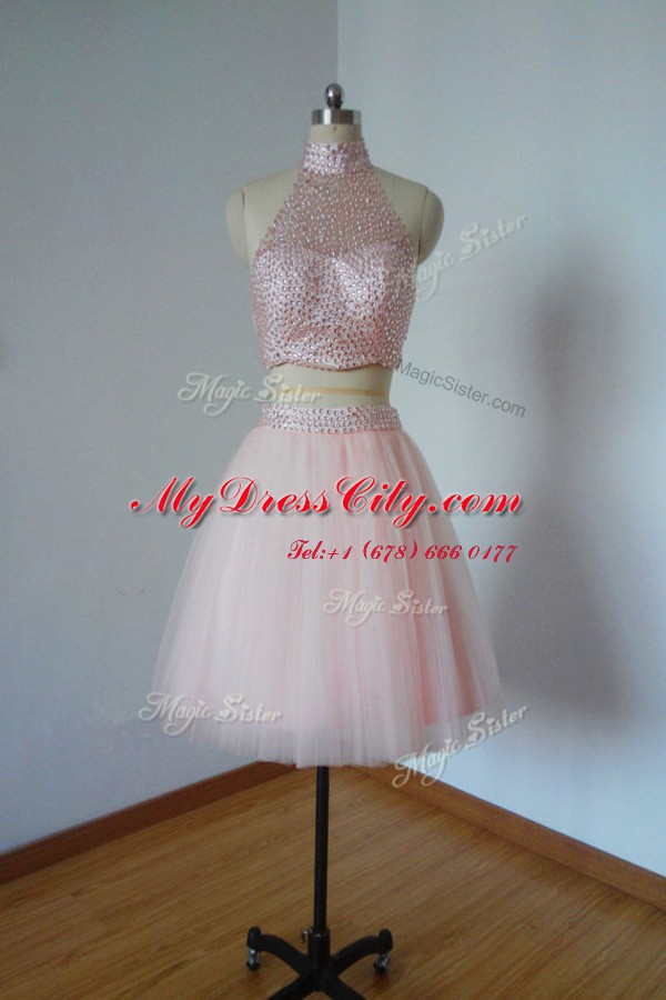 Amazing Organza High-neck Sleeveless Criss Cross Beading Evening Dress in Baby Pink