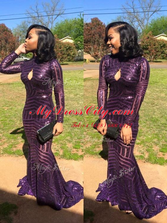 Luxury Mermaid Eggplant Purple Long Sleeves Sweep Train Sequins Prom Gown