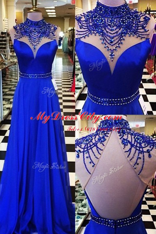 Royal Blue A-line Chiffon High-neck Sleeveless Beading Backless Homecoming Dress Sweep Train