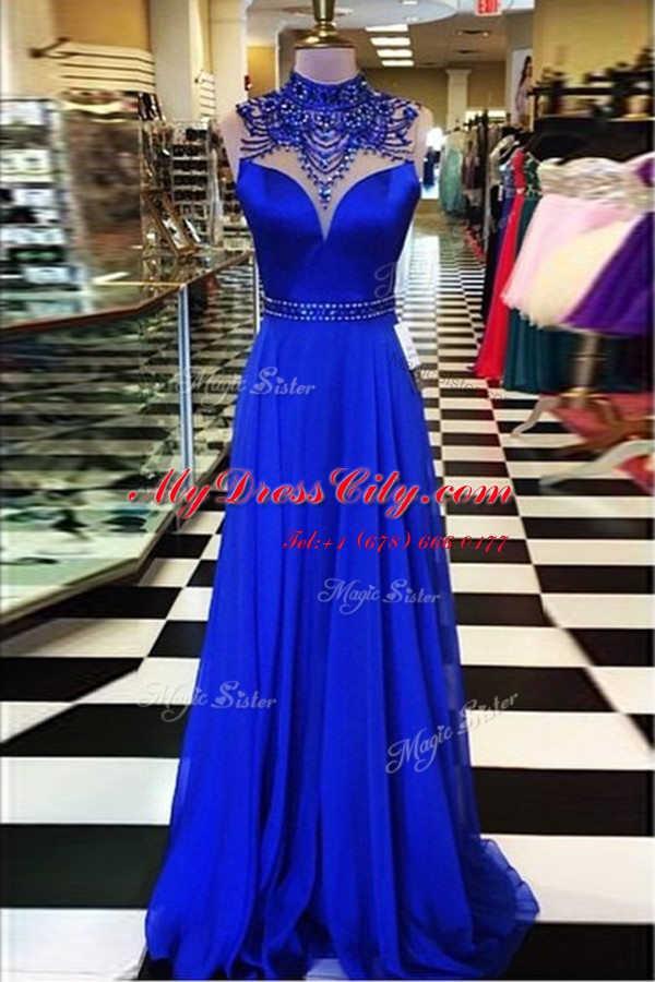 Royal Blue A-line Chiffon High-neck Sleeveless Beading Backless Homecoming Dress Sweep Train