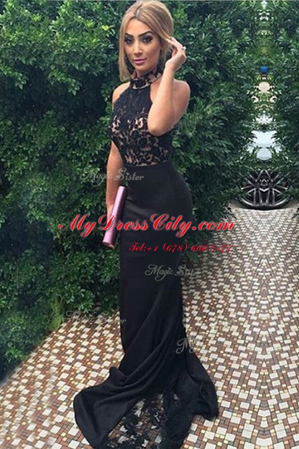 Mermaid Elastic Woven Satin Sleeveless With Train Prom Party Dress Sweep Train and Lace and Appliques