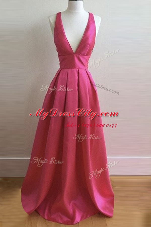 Floor Length Hot Pink Homecoming Dress Satin Sleeveless Pleated