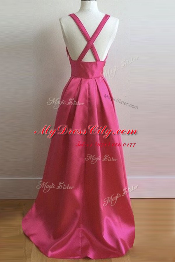 Floor Length Hot Pink Homecoming Dress Satin Sleeveless Pleated