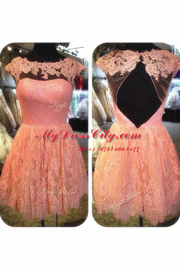 Lace Baby Pink Scoop Neckline Embroidery Prom Dress Cap Sleeves Backless