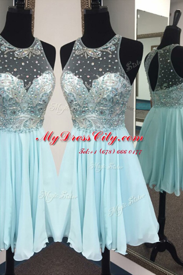 Scoop Light Blue Sleeveless Knee Length Beading Zipper Prom Dress