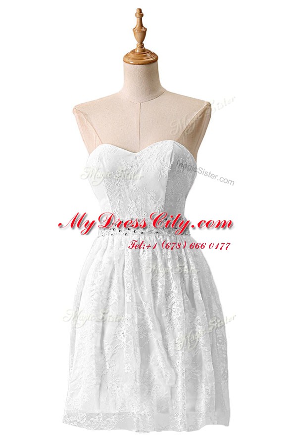 Lace White Sleeveless Knee Length Beading Zipper