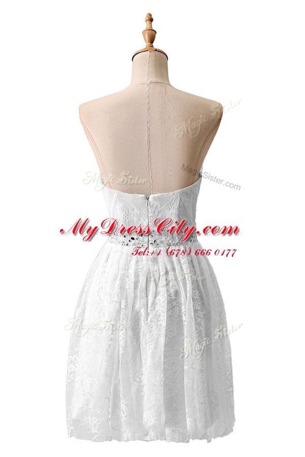 Lace White Sleeveless Knee Length Beading Zipper