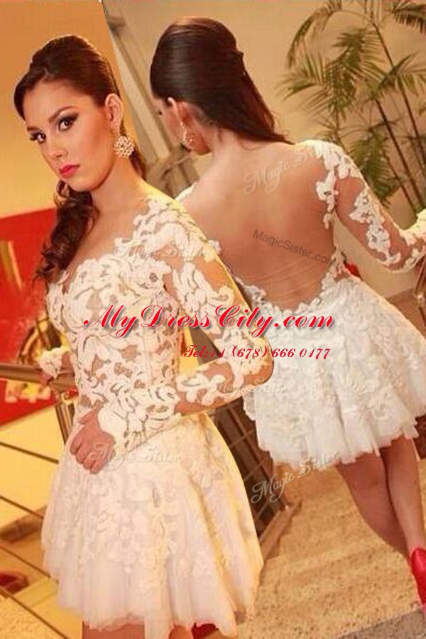 Deluxe Lace Long Sleeves Backless Knee Length Appliques Prom Evening Gown