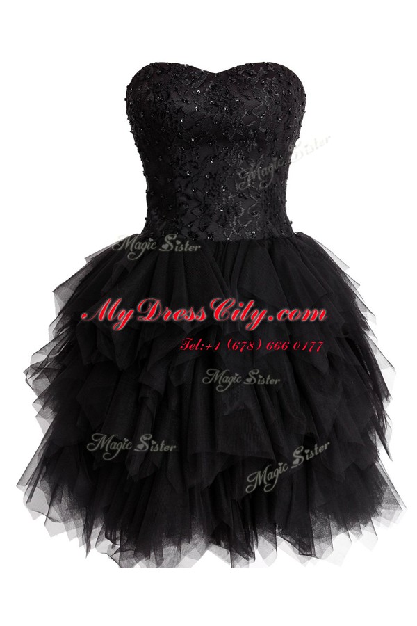 Edgy Knee Length Black Evening Dress Tulle Sleeveless Beading and Sequins