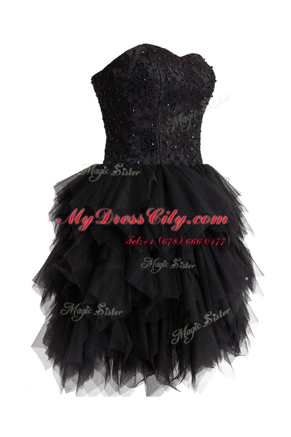 Edgy Knee Length Black Evening Dress Tulle Sleeveless Beading and Sequins