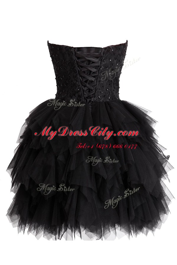 Edgy Knee Length Black Evening Dress Tulle Sleeveless Beading and Sequins