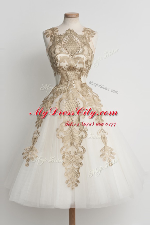 Graceful Knee Length Champagne Tulle Sleeveless Lace